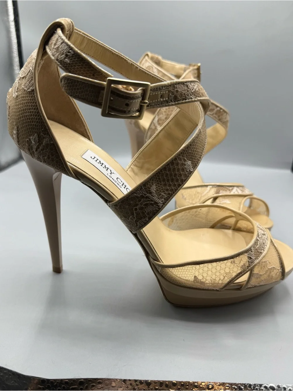 Jimmy Choo Nude Lace Crisscross Platform Stilettos